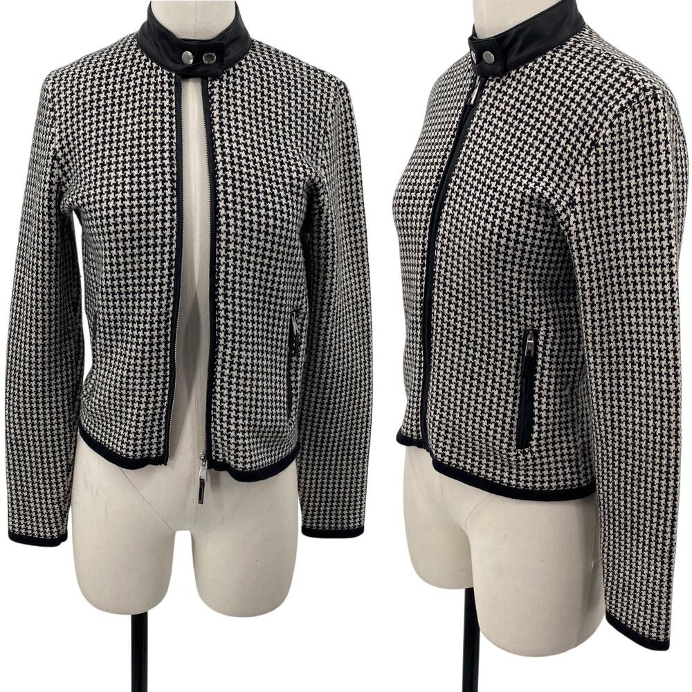 Lauren Ralph Lauren Sweater Moto Jacket Houndstooth Merino Wool Black White S P